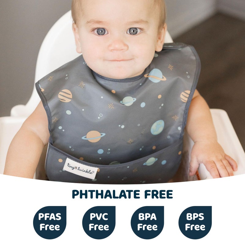 Tiny Twinkle Mess Proof Baby Bibs for Eating - Waterproof, Wipeable Toddler Bibs with Pocket - Baby Food Bibs for Girls & Boys(3 Pack, Space) - Image 2